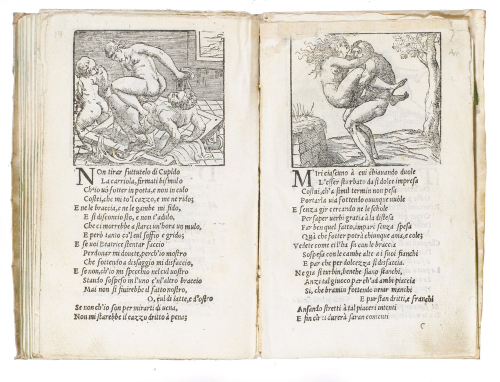 Imagem de duas páginas do livro Sonetos Luxuriosos em italiano, um dos clássicos da literatura erótica